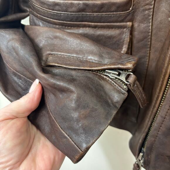 Vintage Lucky Brand Womens Distressed Brown Real  Leather Moto Jacket Medium - Picture 4 of 14